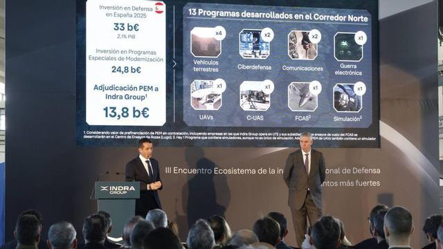 Ángel Escribano y José Vicente de los Mozos, el pasado marzo en Oviedo, explicando los planes de Indra para el Corredor Norte.   | MIKI LÓPEZ