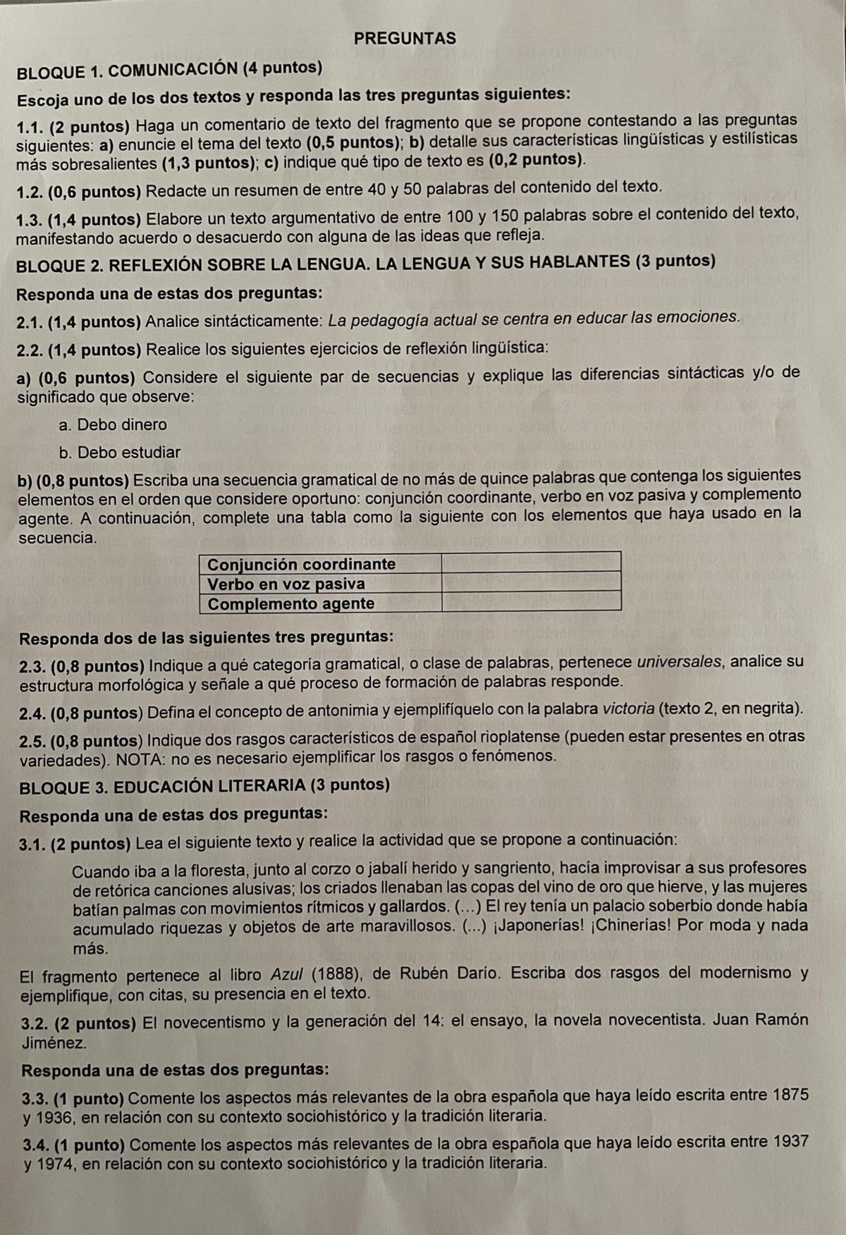 Examen de Lengua Castellana y Literatura de la modalidad de Humanidades y CCSS, en Madrid.