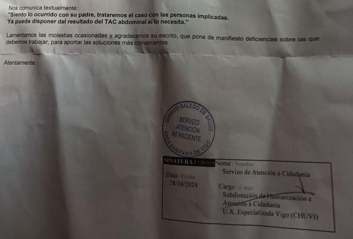 Fragmento de la documentación de respuesta a la reclamación de la hija del paciente.