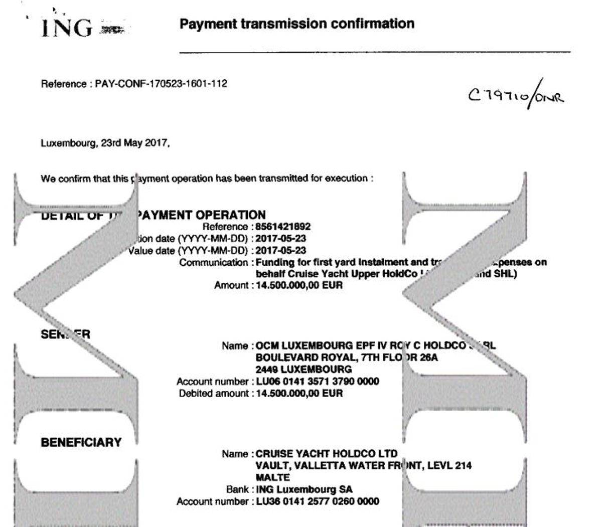 Transferencia en favor de Cruise Yacht