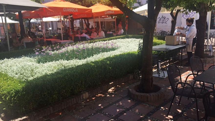 Una camarera, en uno de los restaurantes de la plaza de Los Naranjos de Marbella