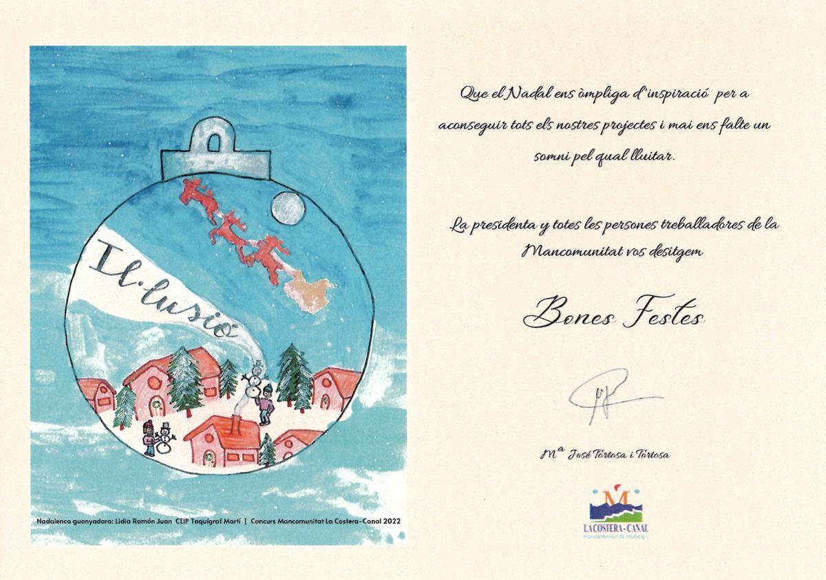 Felicitación de Navidad de la Mancomunitat con el dibujo de la alumna ganadora del concurso.