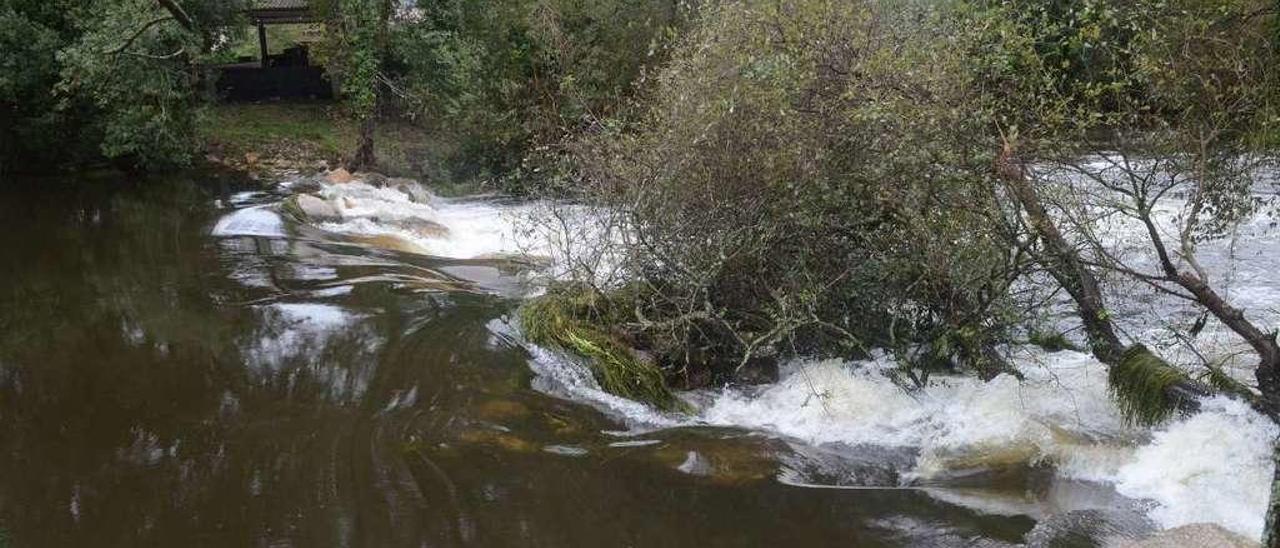 La represa, ayer, donde se aprecia el salto de agua en el río Umia. // Noé Parga