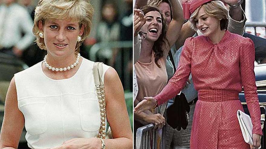 A la izquierda, Diana de Gales. A la derecha, la actriz Emma Corrin en el papel de Lady Di.