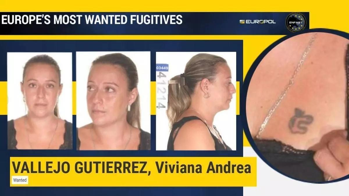 Ficha de Viviana cuando Europol la incluyó entre los fugitivos más buscados en Europa y un tatuaje que lleva en el pecho.