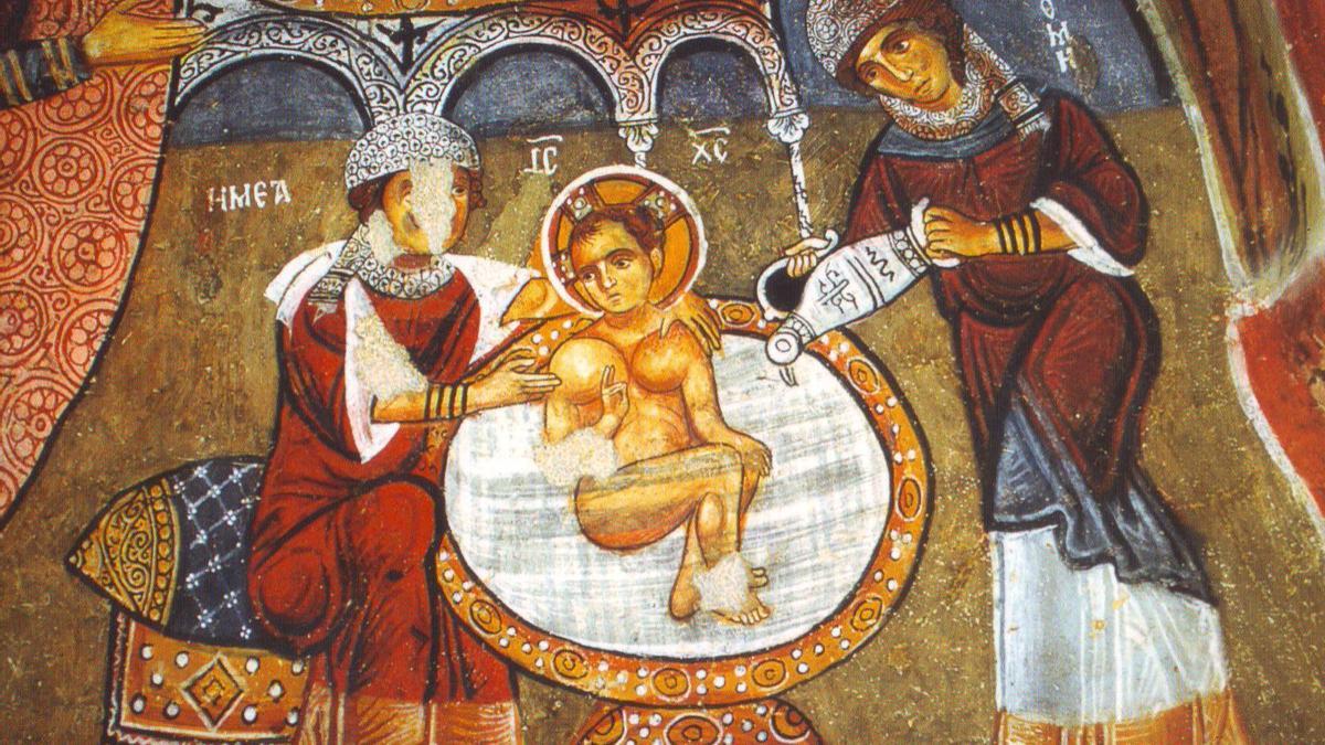 Salomé (derecha) y la partera &quot;Emea&quot; (izquierda), bañando al niño Jesús, es una figura común en los íconos ortodoxos de la Natividad de Jesús.