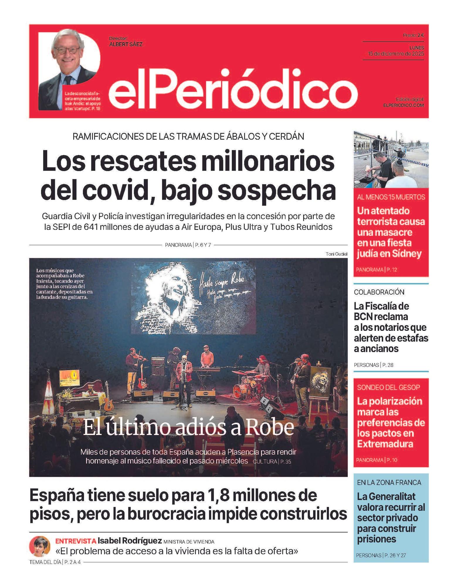 La portada de EL PERIÓDICO del 15 de diciembre de 2025
