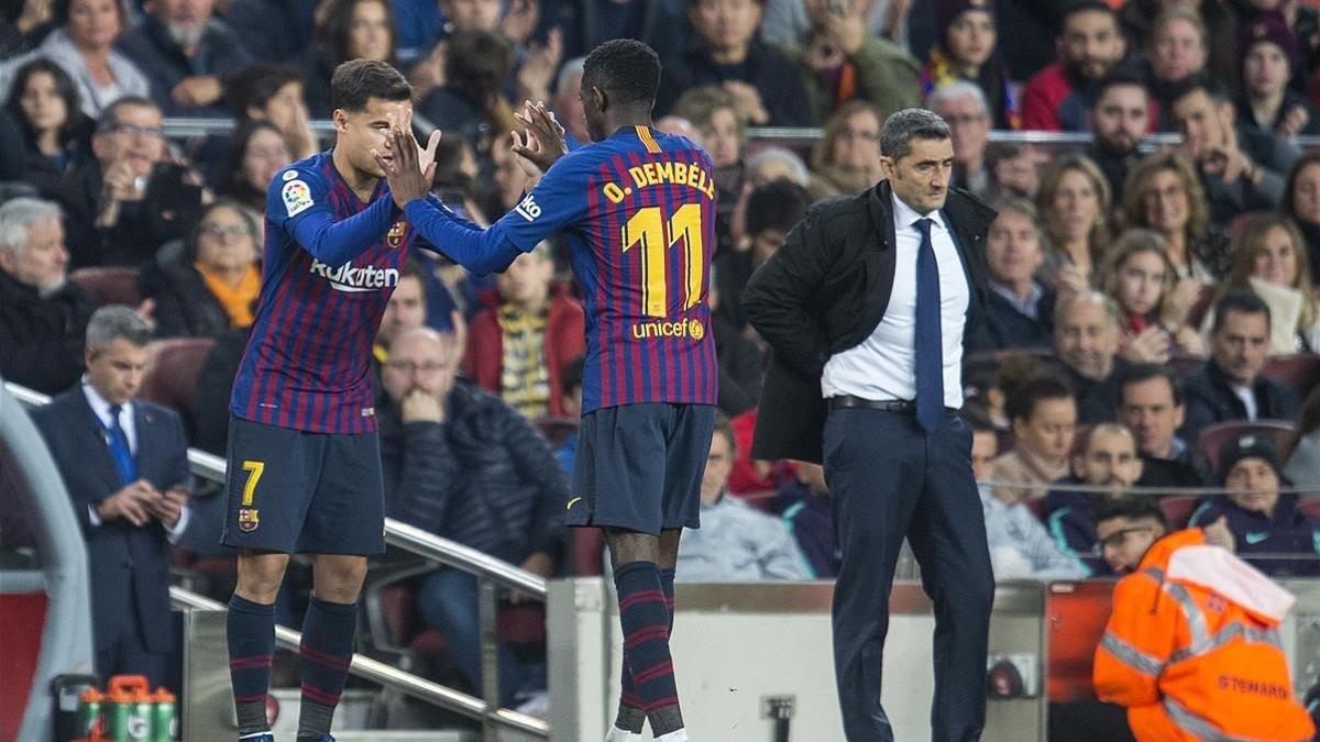 Coutinho suple a Dembélé en el partido entre el Barça y el Celta.