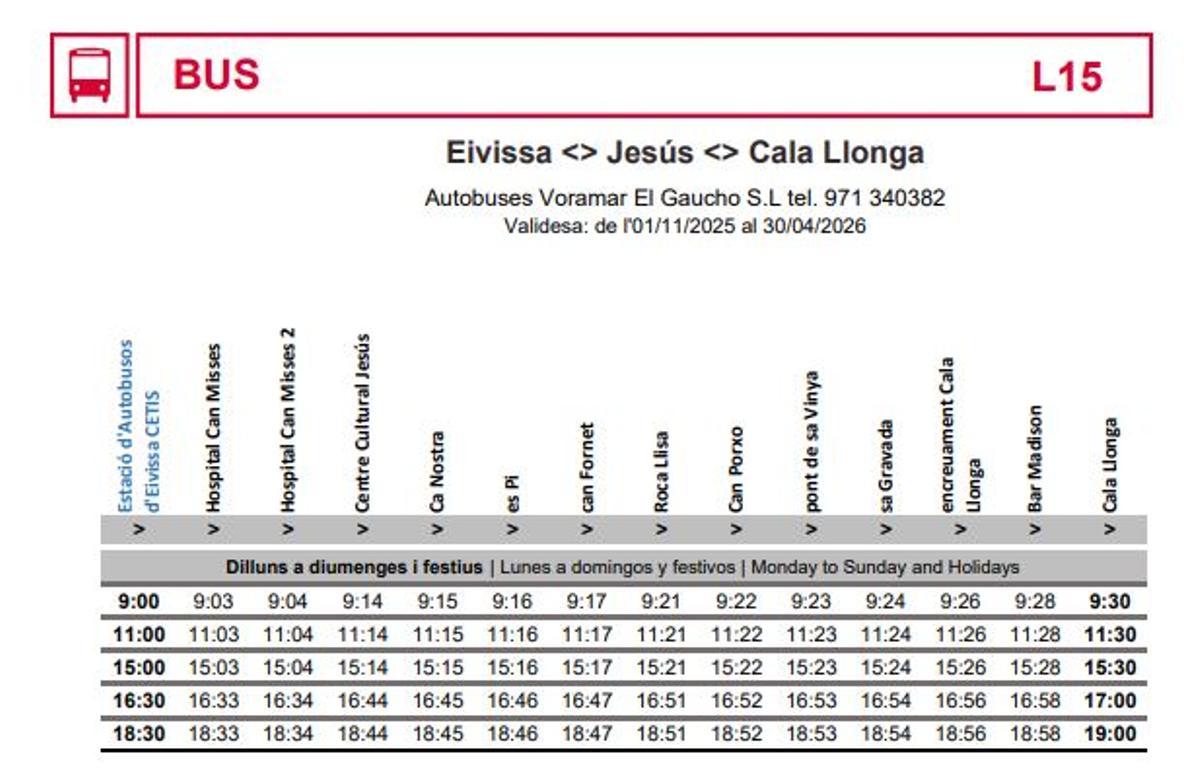Horario del bus de la línea 15, de Ibiza a Cala Llonga, vigente entre el 1 de noviembre y el 30 de abril