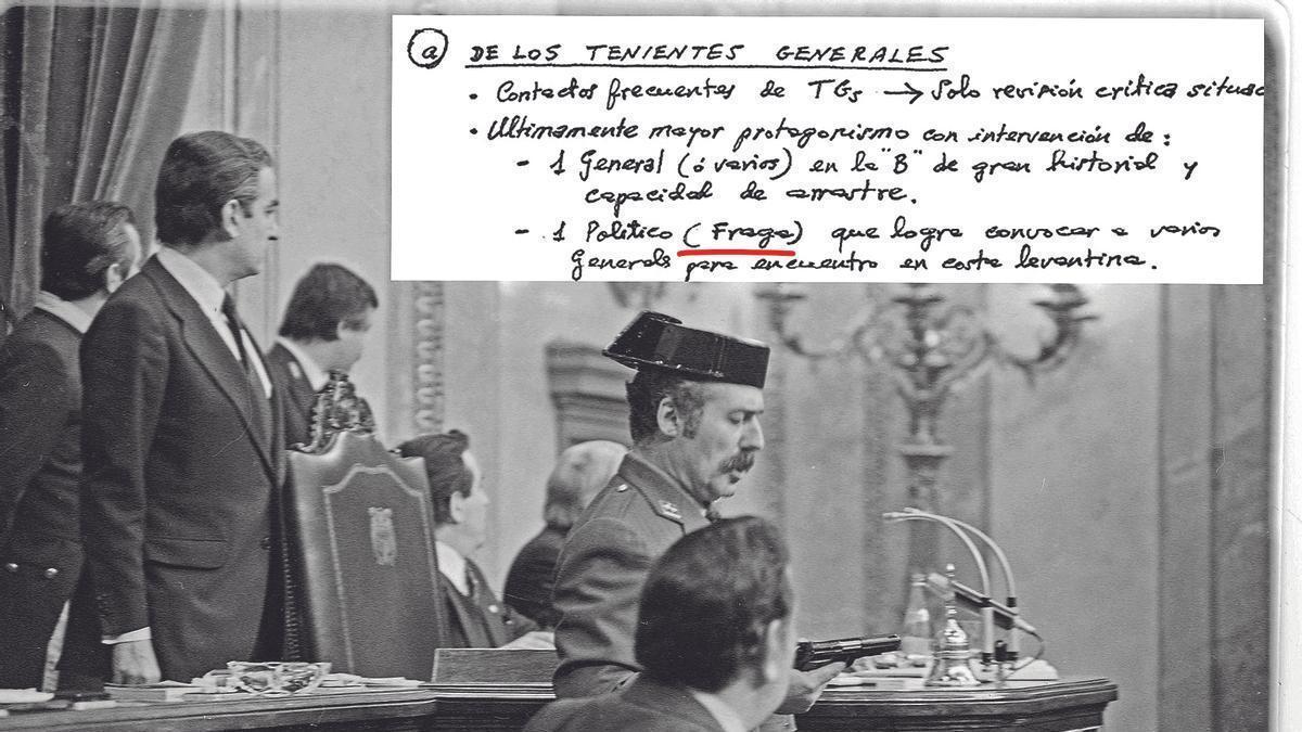 El teniente coronel Antonio Tejero en el Congreso el 23-F y, en el recuadro superior, uno de los planes contemplados en el documento.