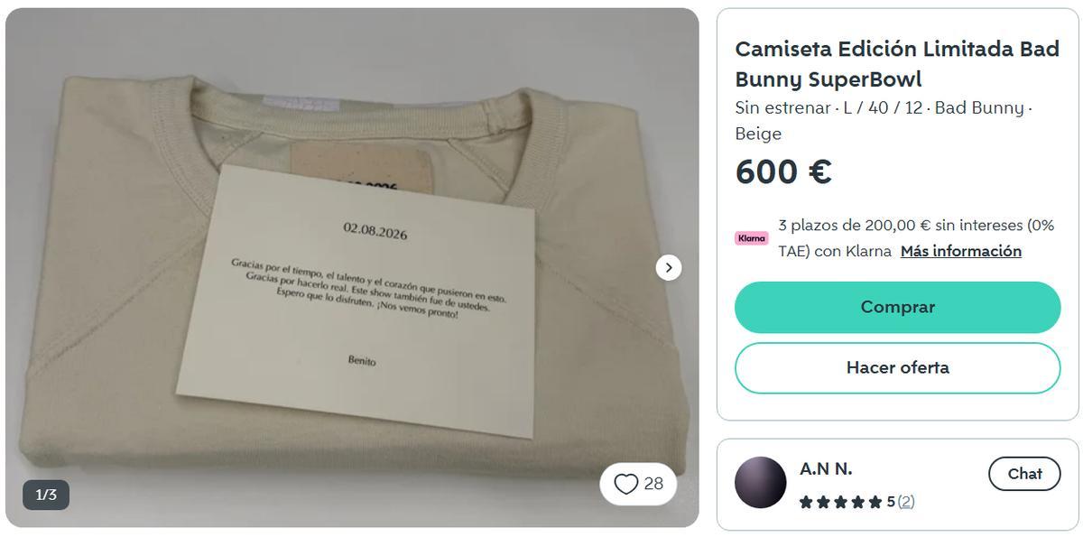 Una de las camisetas de Zara como la de Bad Bunny en la Super Bowl, a la venta en Wallapop.