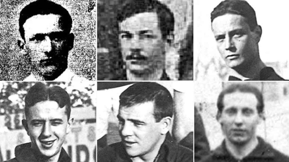 Seis `sportmen¿ de los tiempos heroicos del Barça. Todos combatieron en la Primera Guerra Mundial después de su paso por la entidad azulgrana. De izquierda a derecha y de arriba a abajo: Fenoullière, Morris II, Pattullo, Rozitsky, Steel y Carlier