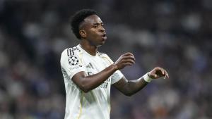 Vinicius Junior of Real Madrid CF gestures during the UEFA Champions League 2025/26 Round of 16 First Leg match between Real Madrid C.F. and Manchester City at Bernabeu stadium on March 11, 2026, in Madrid, Spain. AFP7 11/03/2026 ONLY FOR USE IN SPAIN