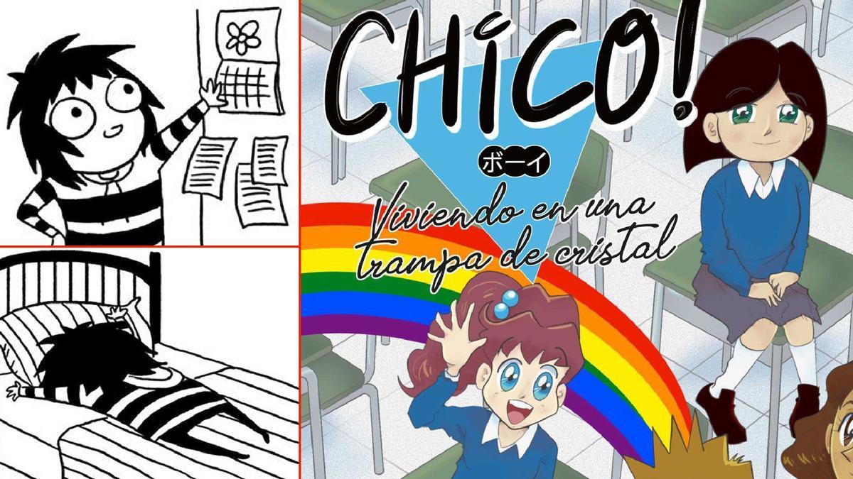 Viñetas de «A adultez é un mito» (Sarah Andersen) e portada de «Viviendo en una trampa de cristal» (Pablo Carreiro).