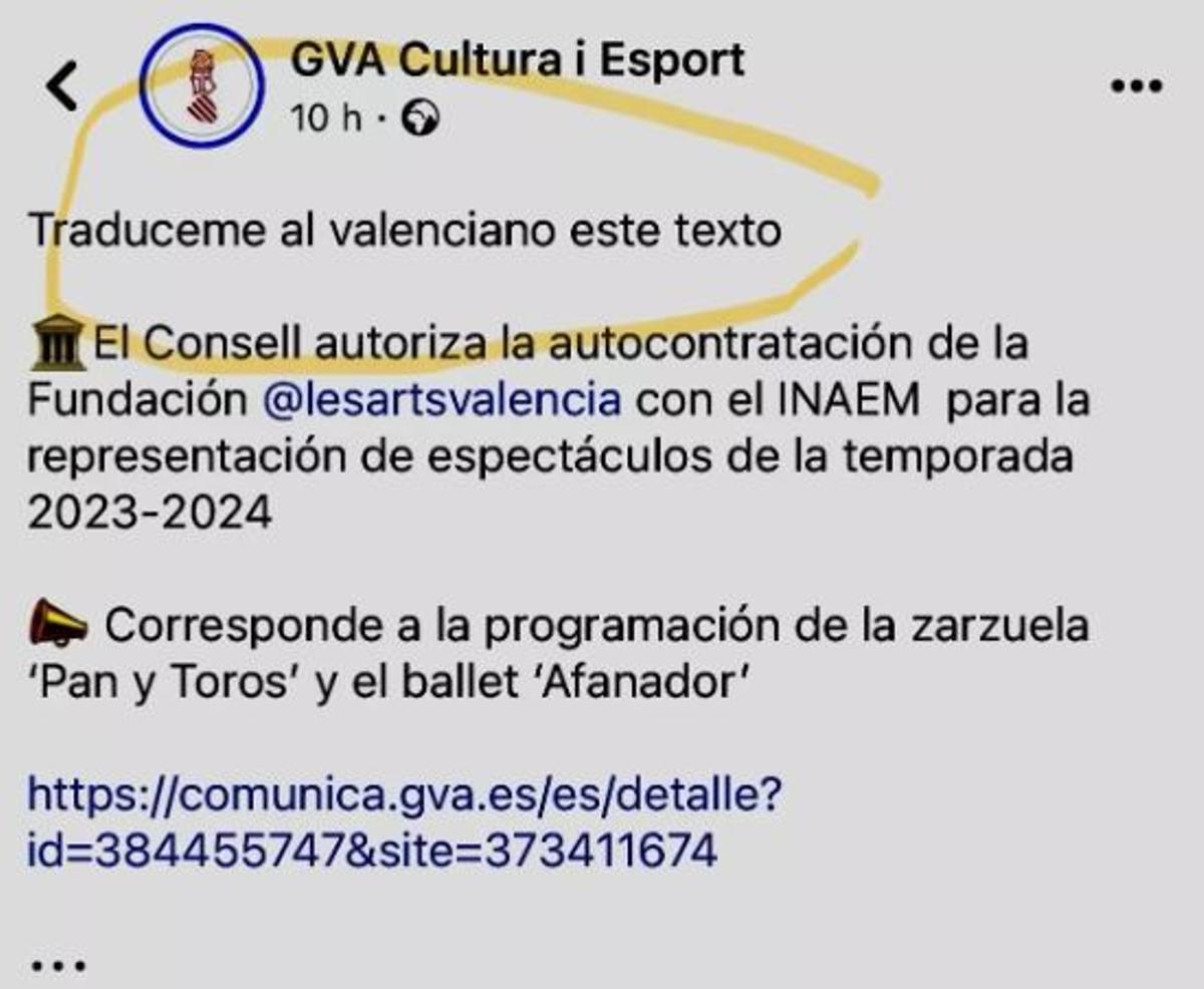 La Conselleria de Cultura de Vox utiliza la IA para traducir sus publicaciones al valenciano. /