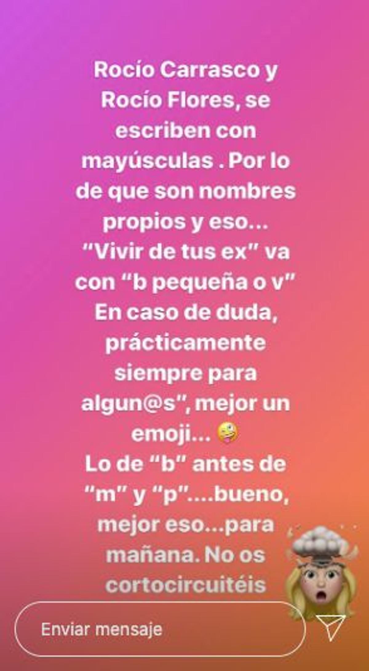 Lección de ortografía de Alba Carrillo en sus stories