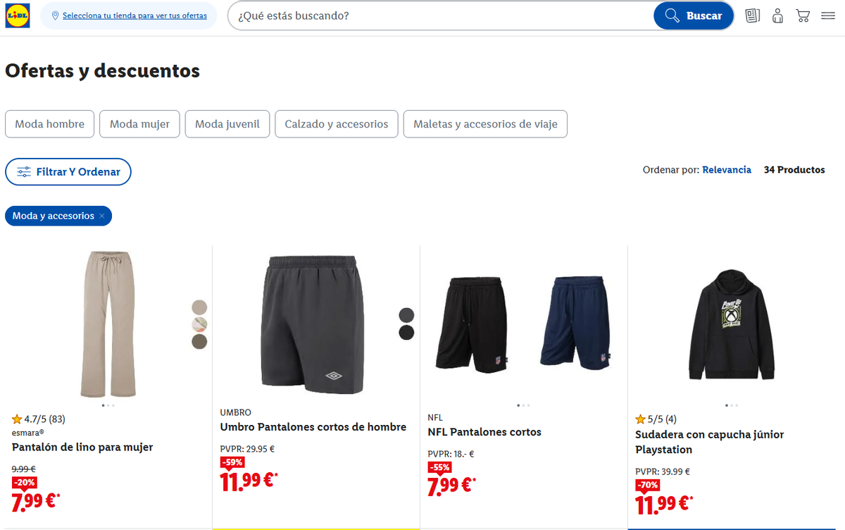 La interfaz ofrece múltiples filtros para ordenar los productos en oferta