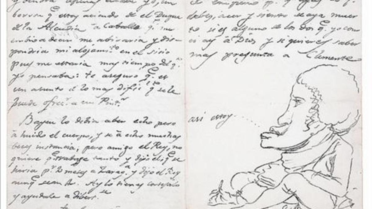 OBRAS3Arriba, de derecha a izquierda, 'Aún aprendo' (1826) y 'Cabeza de ángel' (1772). Abajo, un autorretrato que Goya dibujó en una carta que mandó a Martín Zapater, en 1794.