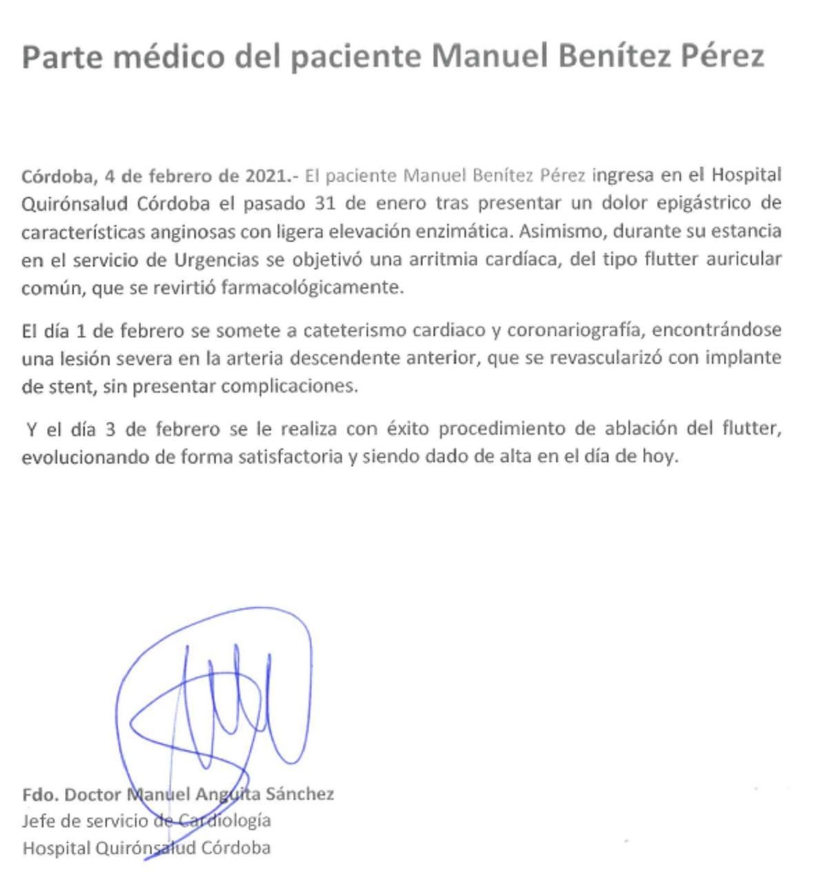 Parte médico facilitado por el hospital Quirón Salud
