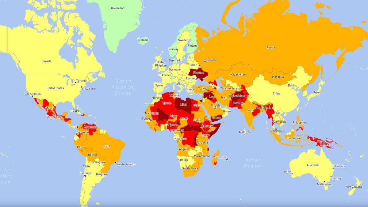 Mapa, países más peligrosos del mundo, países menos peligrosos del mundo, International SOS