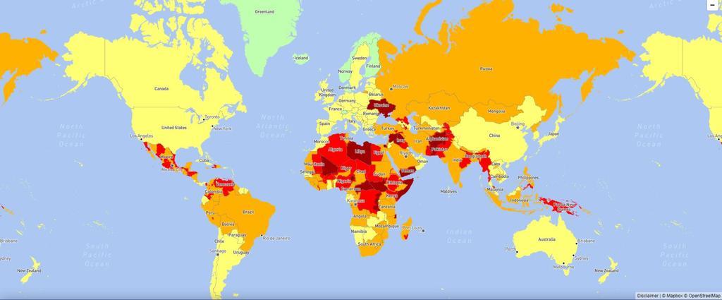 Mapa, países más peligrosos del mundo, países menos peligrosos del mundo, International SOS