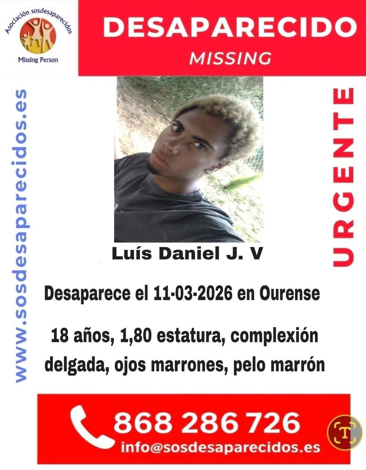 Cartel de SOS Desaparecidos con la búsqueda de Luís Daniel J. V.