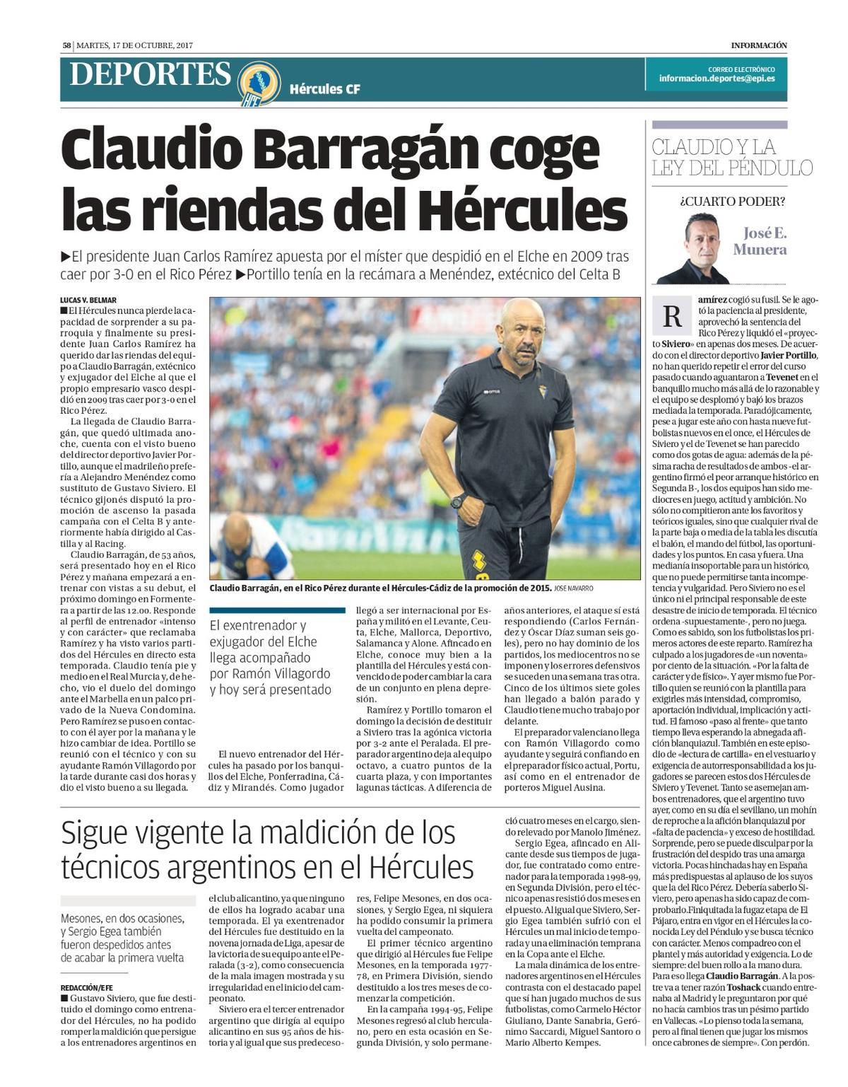 Página de INFORMACIÓN del martes 17 de octubre de 2017, tras la incorporación de Claudio al club.