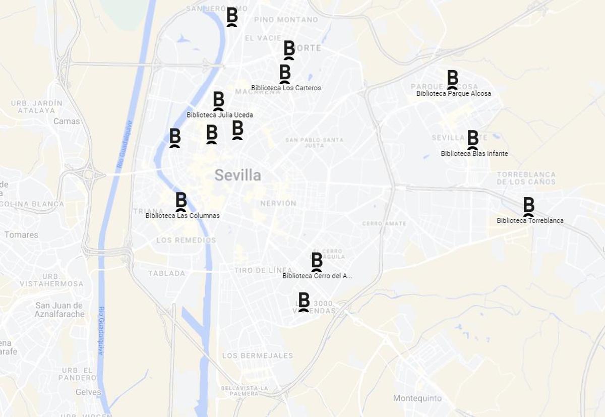 Mapa de bibliotecas públicas municipales en Sevilla