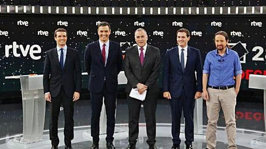 Els candidats del PP, el PSOE, Cs i UP, Pablo Casado, Pedro Sánchez, Albert Rivera i Pablo Iglesias