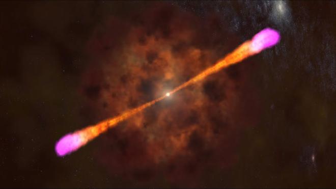 Recreación artística de un chorro de partículas que perfora una estrella, mientras colapsa en un agujero negro durante un típico estallido de rayos gamma (GRB).