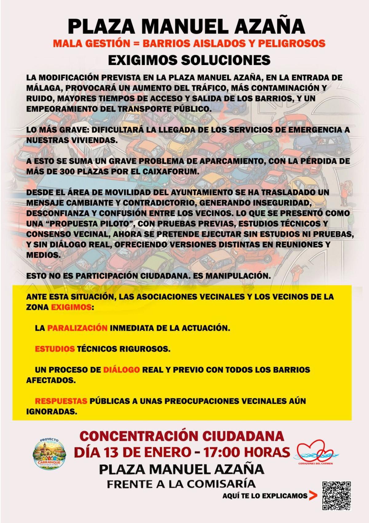 Cartel de la convocatoria vecinal contra el plan de movilidad en la plaza de Manuel Azaña.