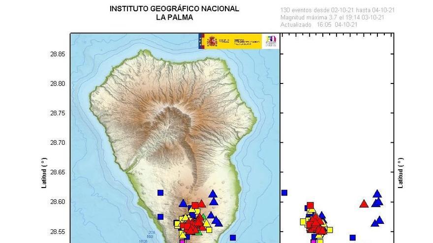 Mapa de La Palma con la sismicidad producida en el sur de la isla