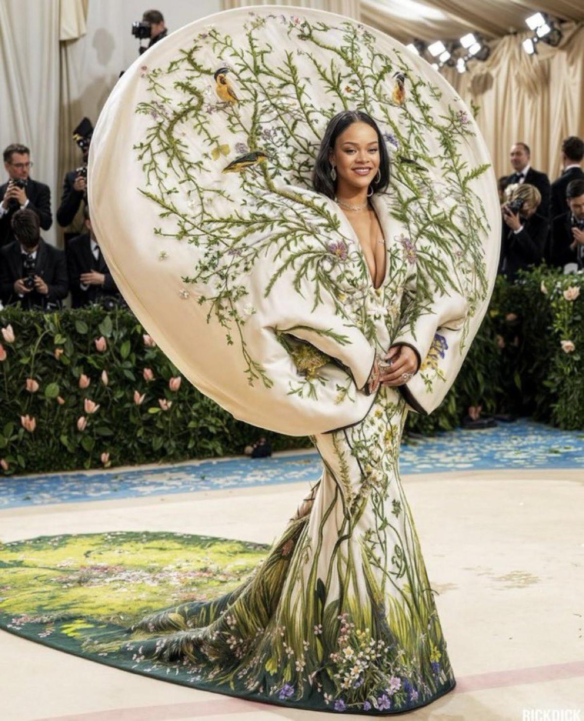 Una foto falsa, creada con IA, en la que aparece Rihanna con un supuesto vestido en la Gala Met 2024 a la que verdaderamente no acudió