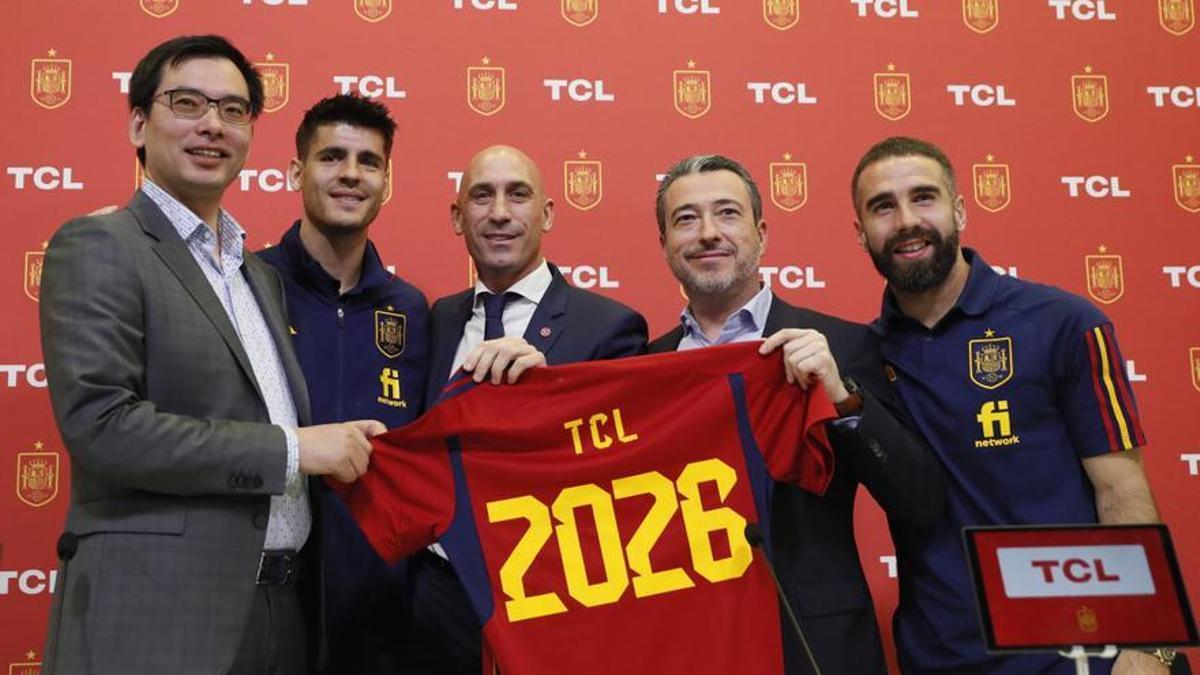 Luis Rubiales, presidente de la Federación Española, durante la presentación del acuerdo con la china TCL.