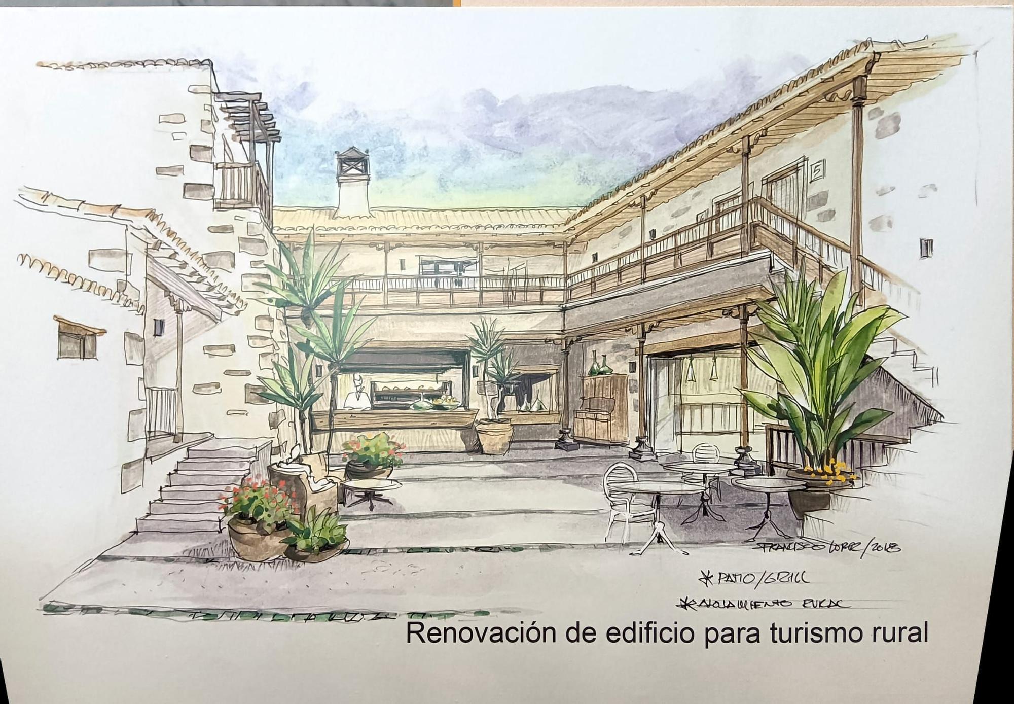 Boceto en el que se observa cómo será la rehabilitación del patio interior del hotel.