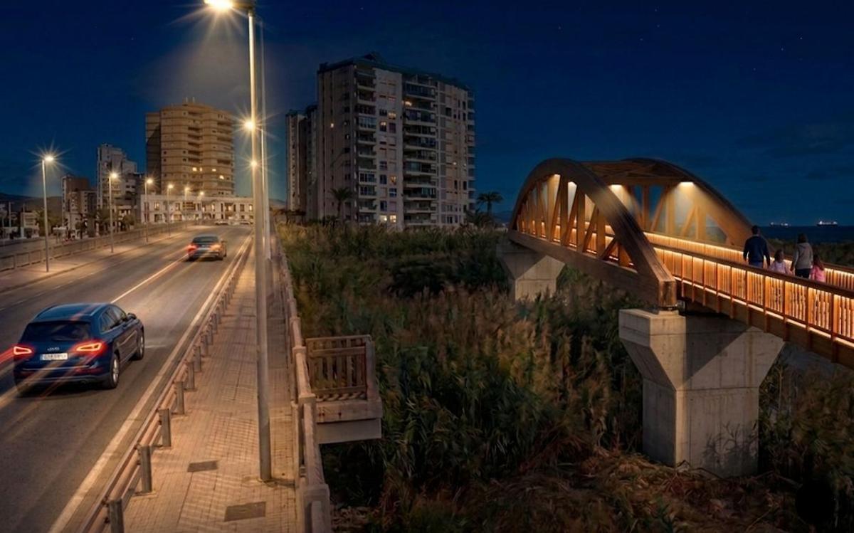 Recreación de la pasarela de madera, a la derecha, por encima del río y en paralelo a la carretera