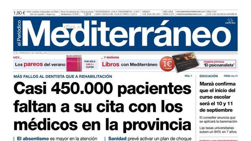 Casi  450.000 pacientes faltan a su cita con el médico en Castellón, hoy en la portada de Mediterráneo