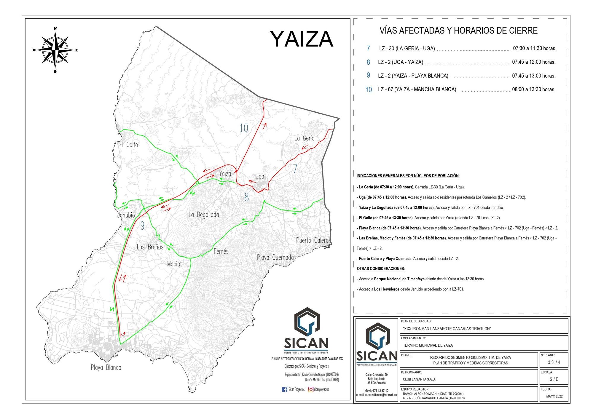 Tramos de carreteras afectados en Yaiza.