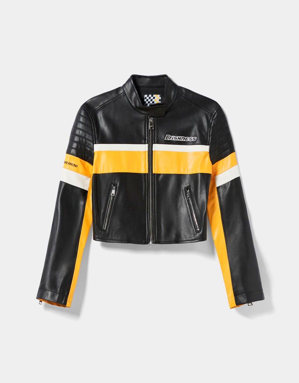 Cazadora biker efecto piel racing de Bershka (precio: 39,99 euros)