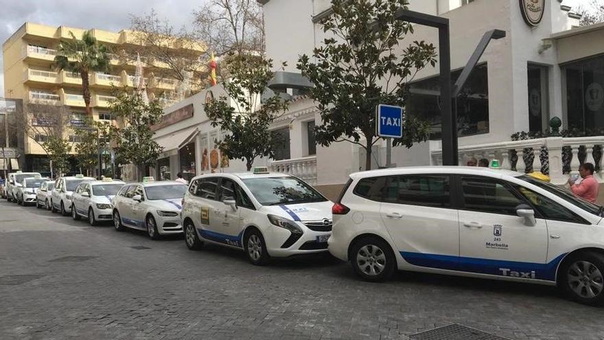 Varios taxis hacen cola, a la espera de viajeros, en una de las paradas del centro de Marbella.