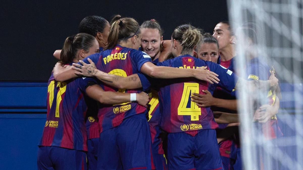 El Barça celebra el gol de Alexia ante el Bayern
