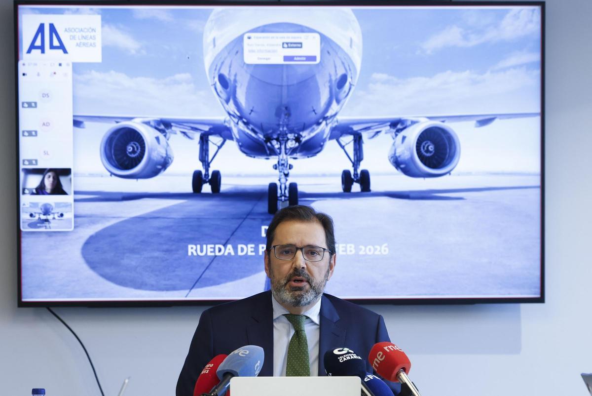 Javier Gándara, presidente de la Asociación de Líneas Aéreas, este jueves durante la rueda de prensa, en Madrid.