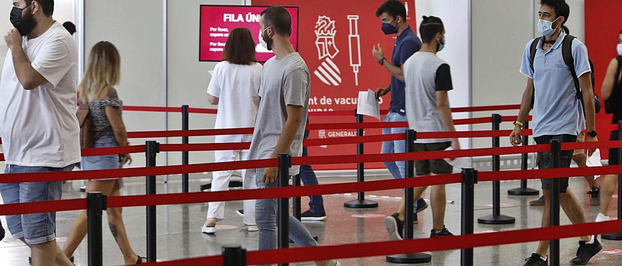 Varios veinteañeros hacen cola en el Museo de las Ciencias para vacunarse, el miércoles.  | DANIEL TORTAJADA