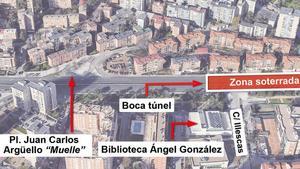 Mapa que muestra dónde está previsto actualmente que acabe el túnel de la A-5, en mitad del barrio de Campamento.