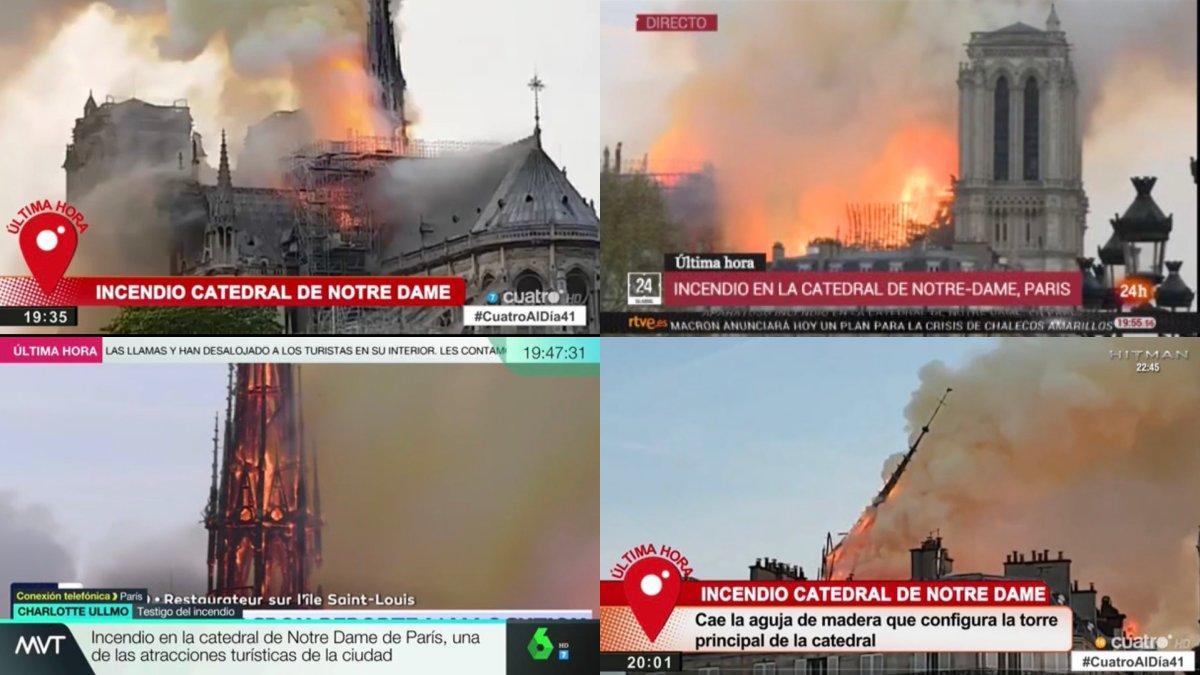 Imagenes de las cadenas españolas informando sobre el incendio de la Catedral de Notre-Dame (París)