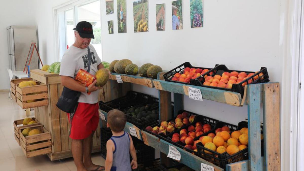 Un padre muestra un melón a su hijo en el mercado payés