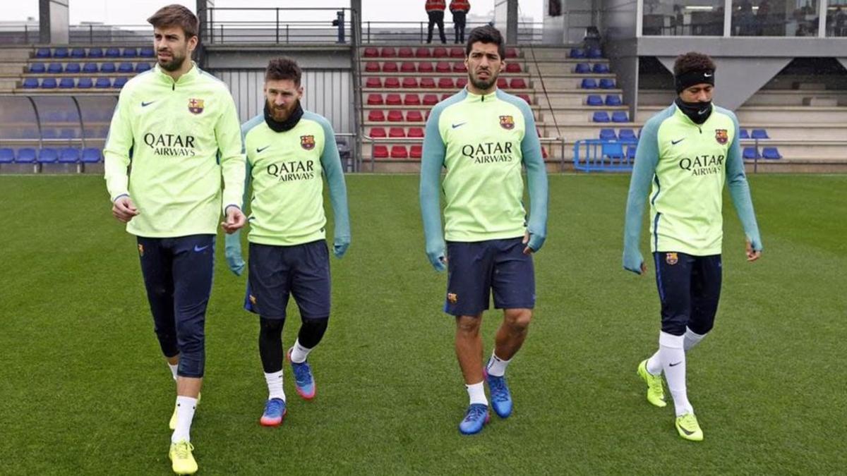 Piqué, Messi, Suárez y Neymar, en un entrenamiento.