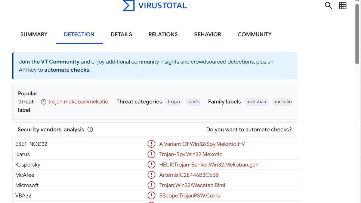 Análisis del archivo .msi descargado, a través de la herramienta online de VirusTotal, se observa que múltiples firmas de antivirus lo detectan como malicioso.