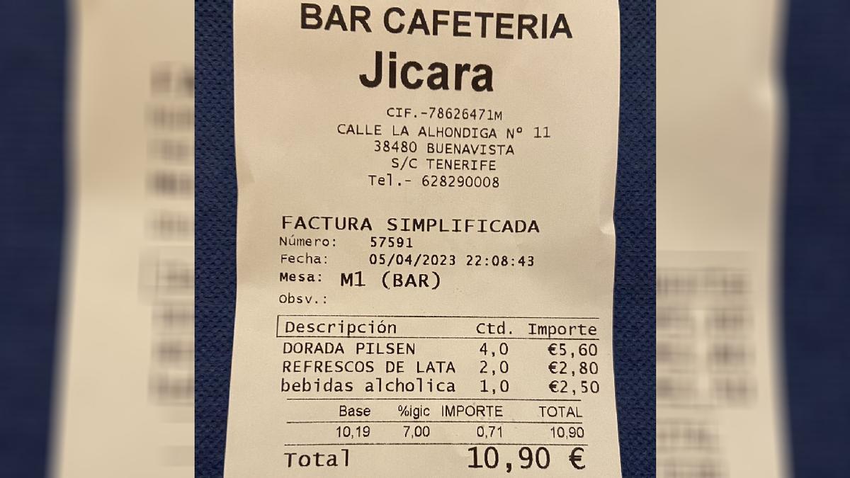 Ticket de caja de la cafetería Jícara, en Buenavista del Norte.