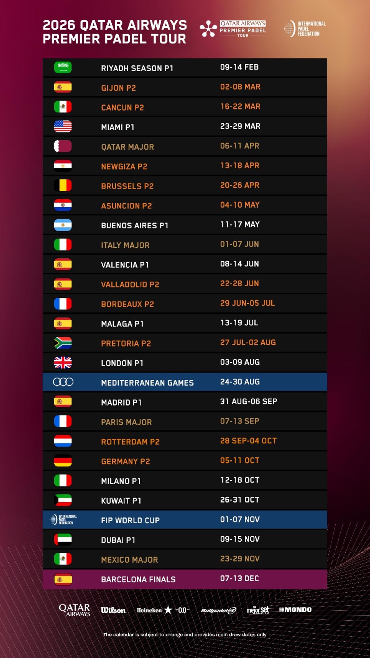 El nuevo calendario de Premier Padel con los cambios anunciados
